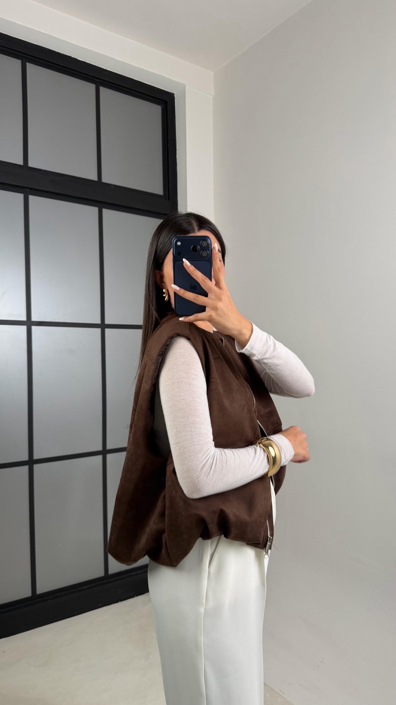 Kahve Beli Lastikli Astarlı Premium Süet Yelek GAUS-00637