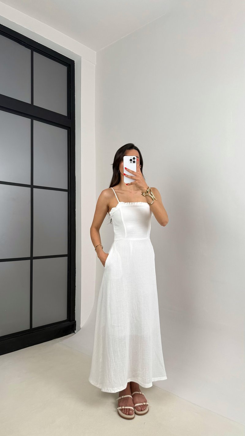 Beyaz Ayarlanabilir Askılı Cepli Astarlı Müslin Elbise Gaus00519