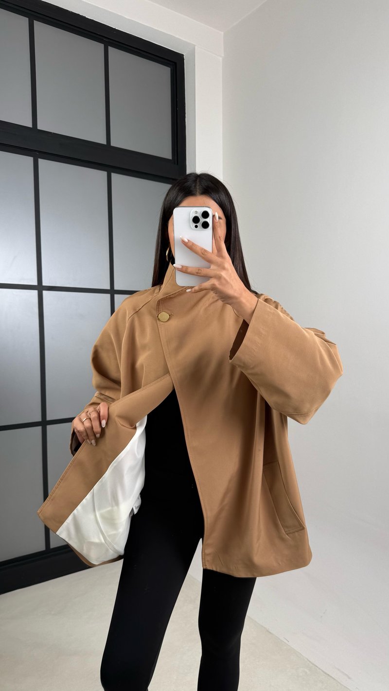 Camel Dik Yaka Cepli Astarlı Asimetrik Tasarım Trençkot GAUS-00476