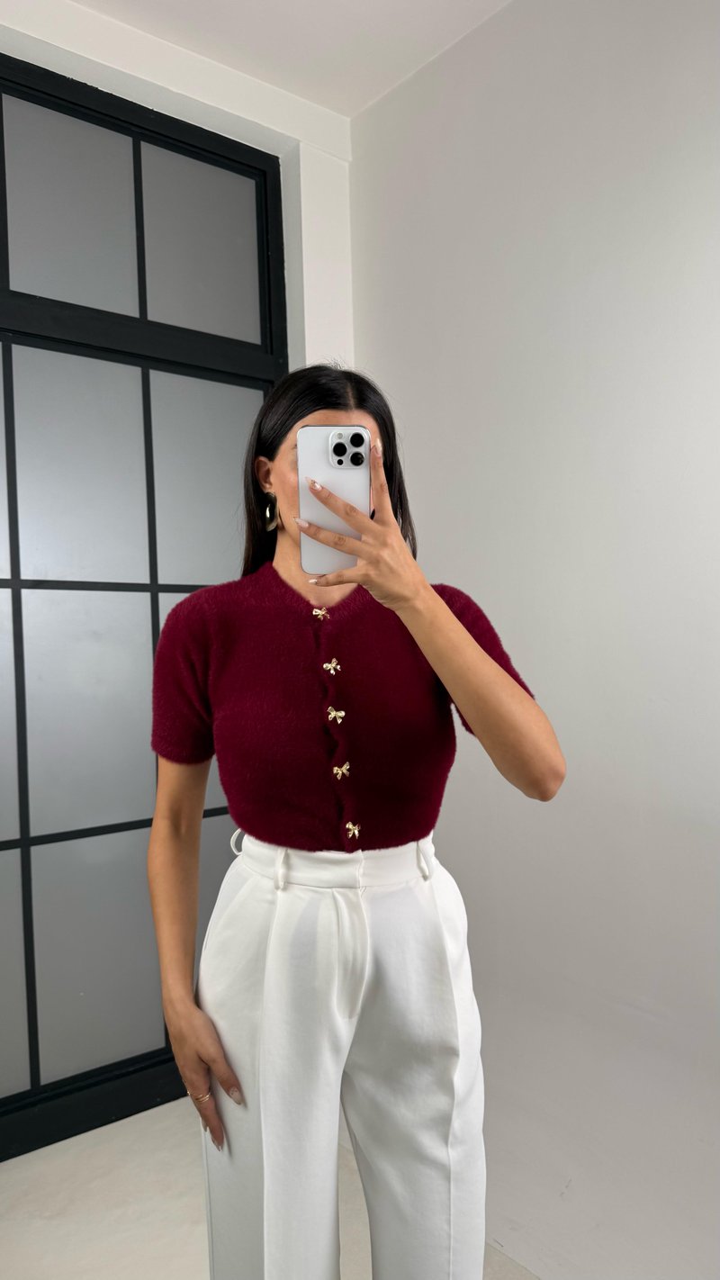 Bordo Fiyonk Düğmeli Yumuşak Dokulu Triko Hırka GAUS-00145