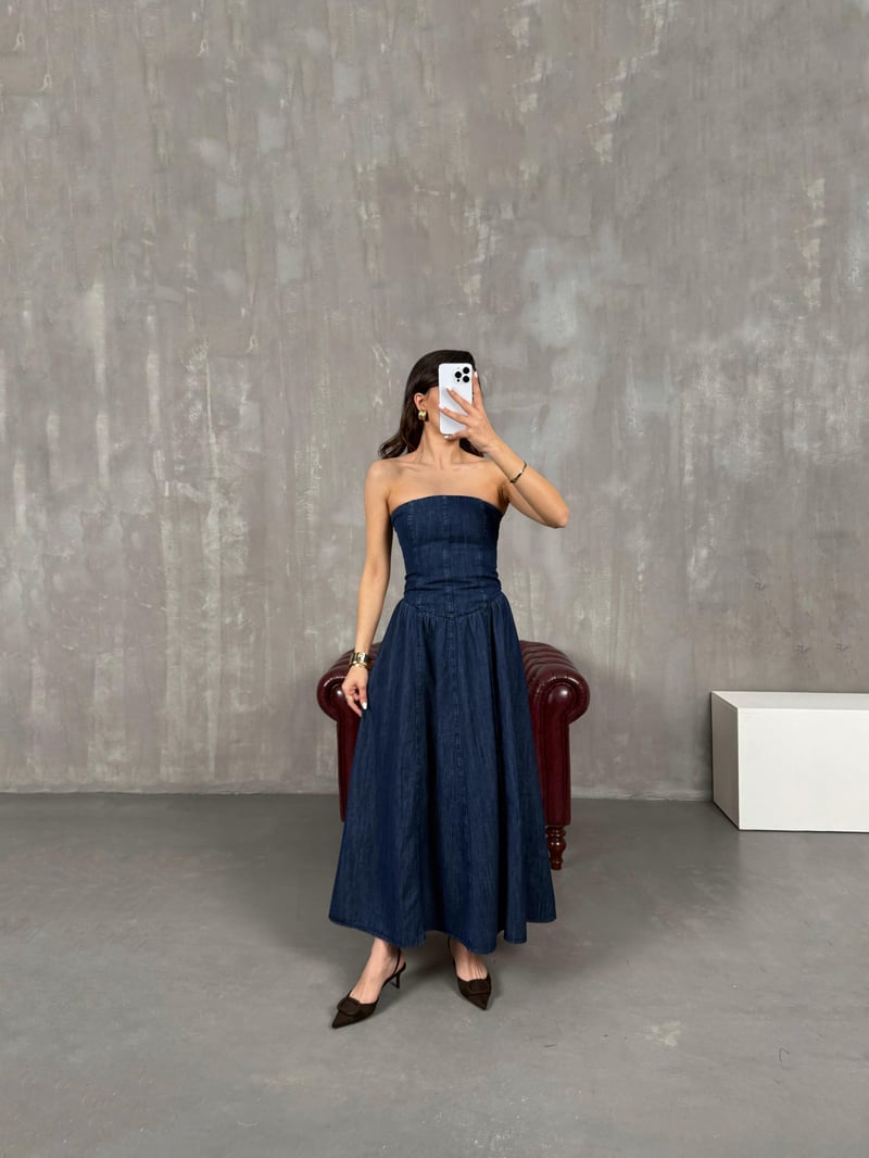 Mavi Straplez Ayarlanabilir Askılı Denim Elbise Gaus00050