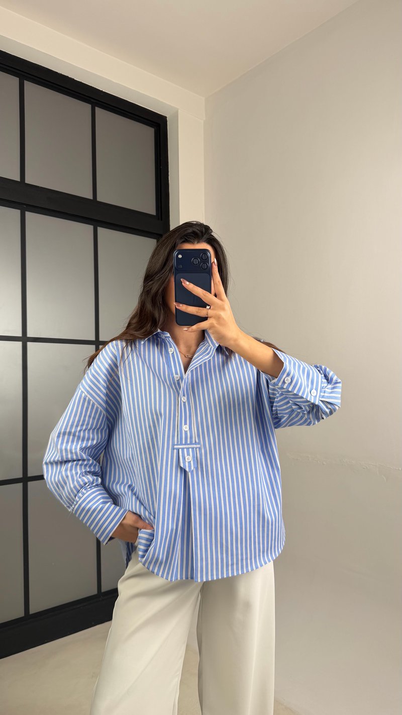 Mavi Çizgili Düğme Detaylı Premium Gömlek GAUS-01109
