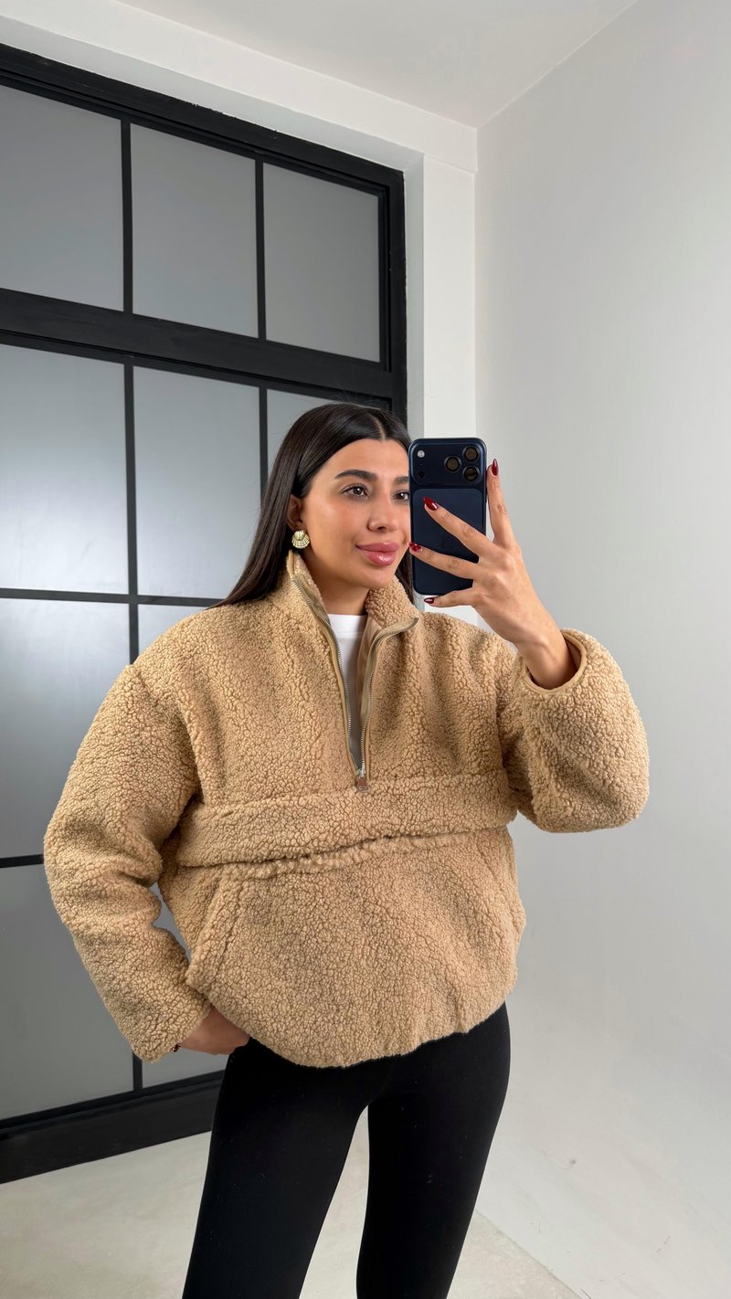 Camel Cepli Yaka Fermuarlı Peluş Sweatshirt GAUS-00672