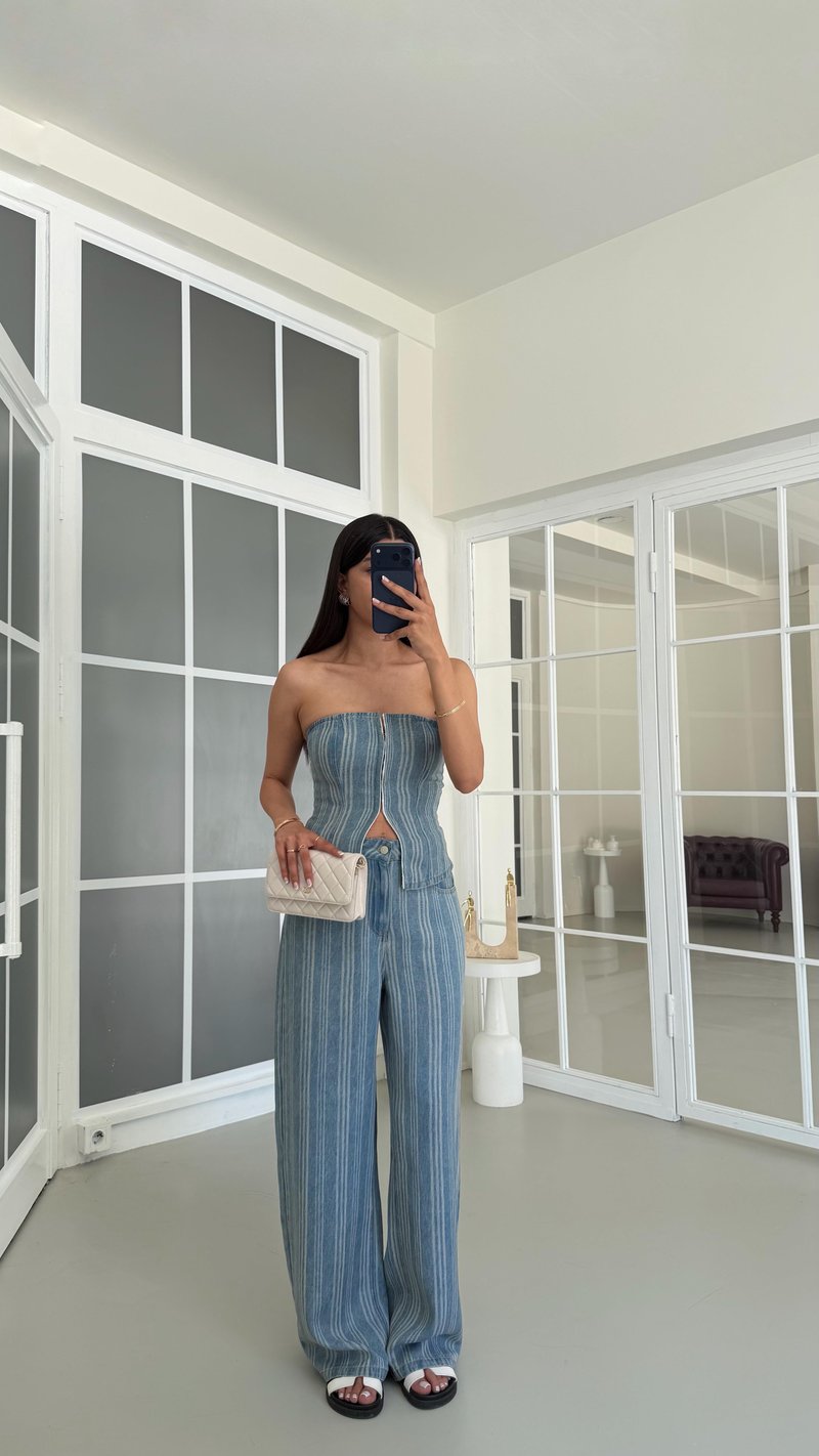 Mavi Bustiyer Palazzo Pantolon Çizgili Denim Takım GAUS-01686