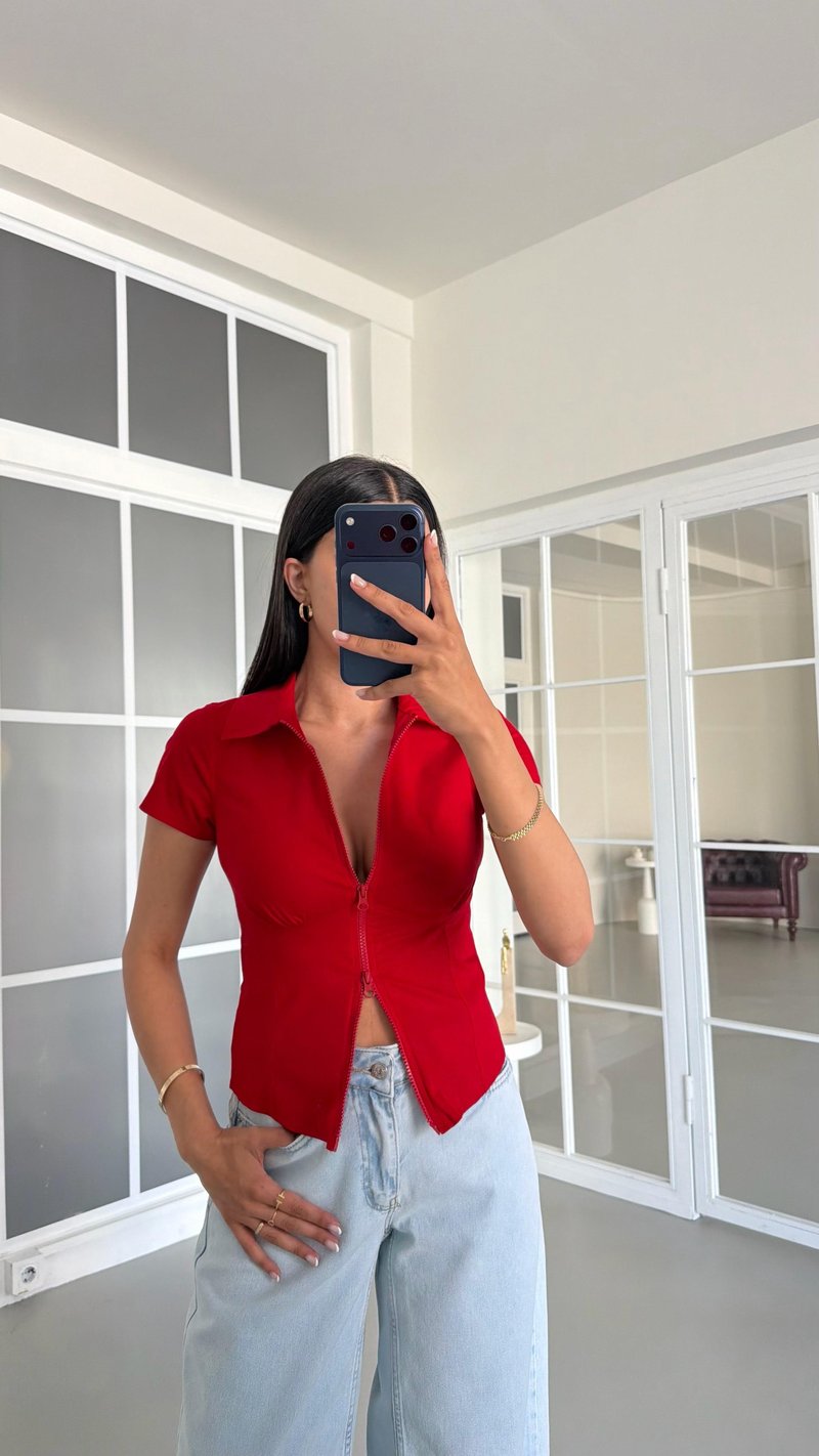 Kırmızı Çift Fermuarlı Bluz GAUS-01604
