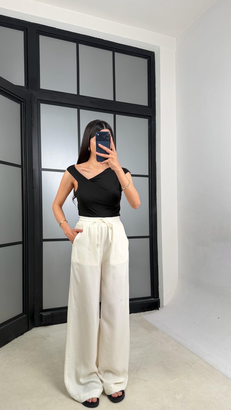 Krem Beli Lastikli Tencel Denim Pantolon GAUS-01474