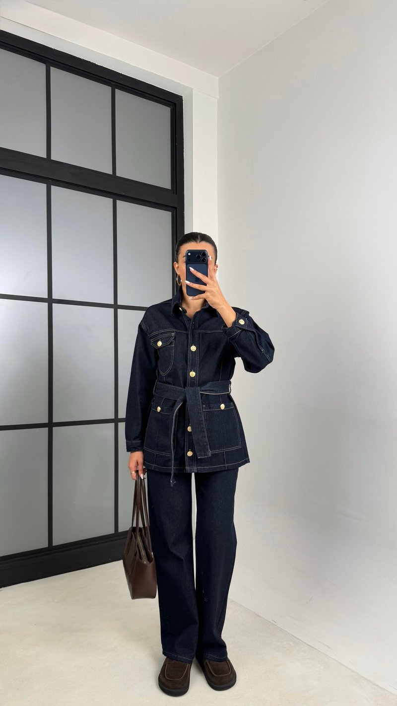 Lacivert Uzun Gold Düğmeli Tasarım Ceket Pantolon Denim Takım GAUS-00586