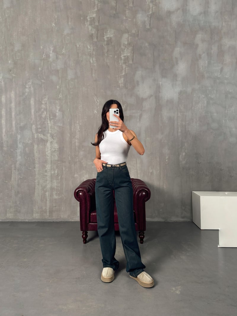 Chos Koyu Mavi Eskitme Wide Leg Jean