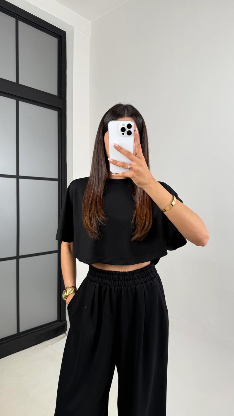 Siyah Crop Beli Lastikli Palazzo Eşofman İkili Modal Kumaş Takım GAUS-01219