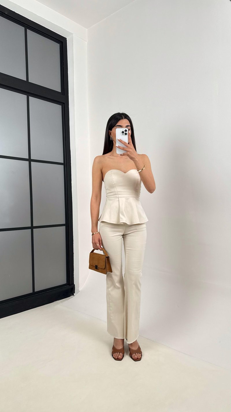 Taş Flare Jean Straplez Crop Volanlı Tasarım Takım Gaus00400