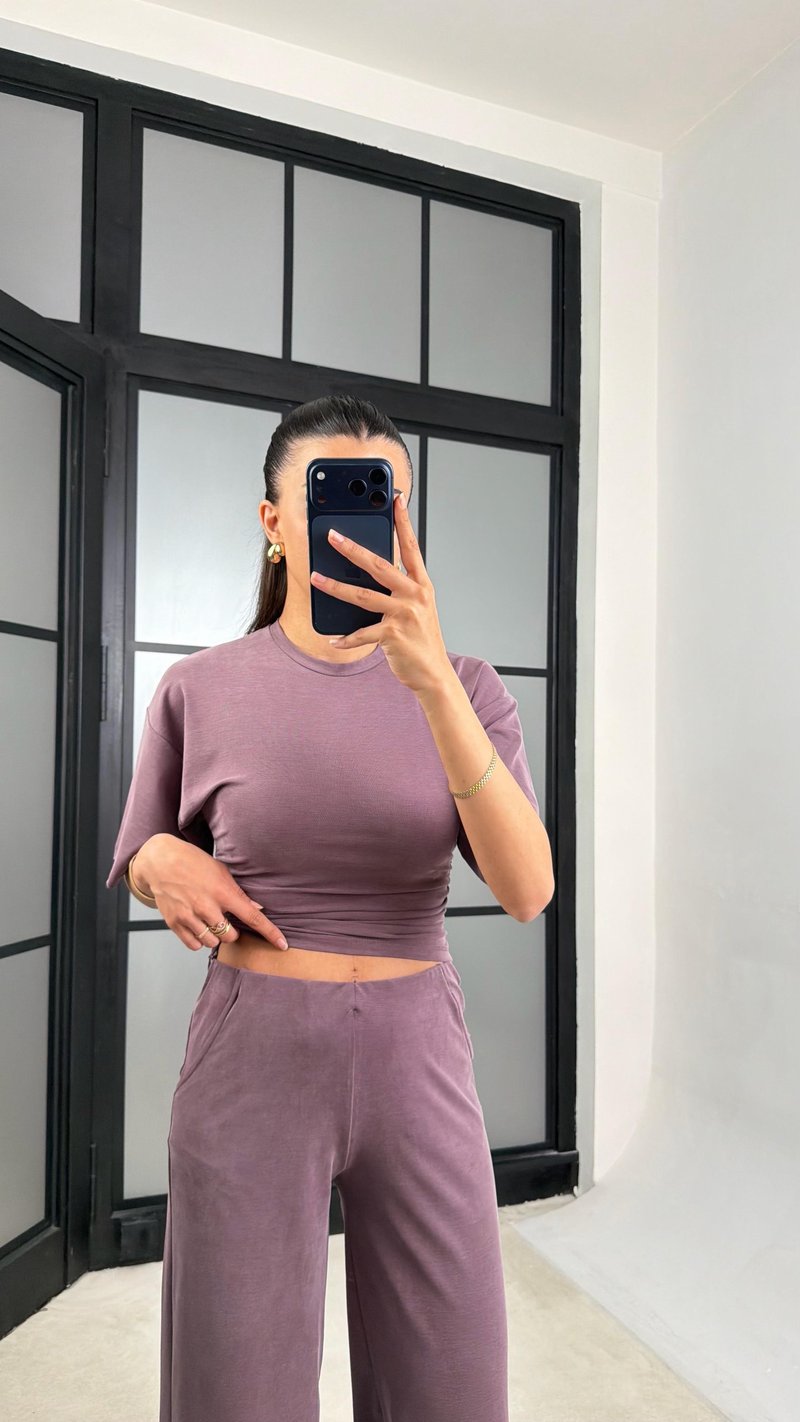 Mürdüm Bluz Beli Lastikli Pantolon Modal Muadil Takım GAUS-01547