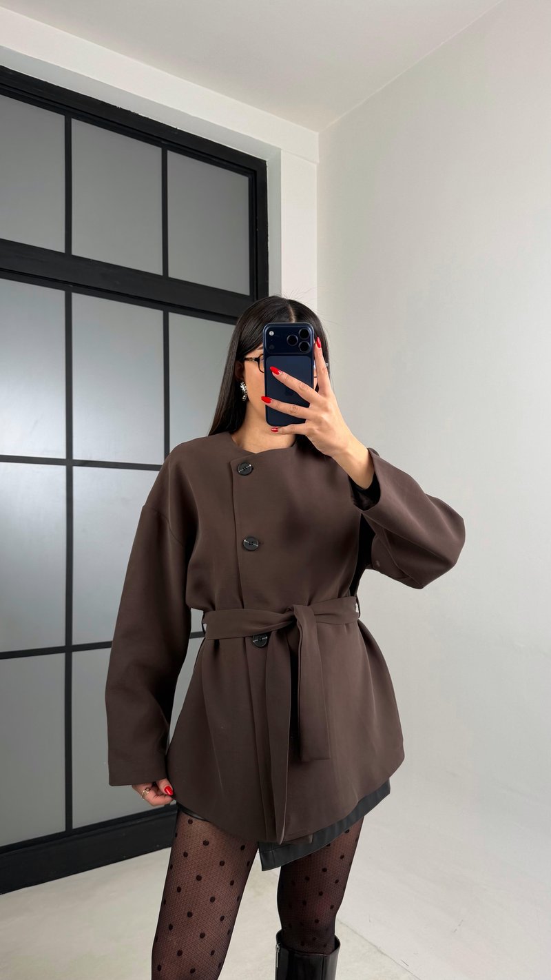 Acı Kahve Astarlı Kemerli Muadil Ceket GAUS-00990