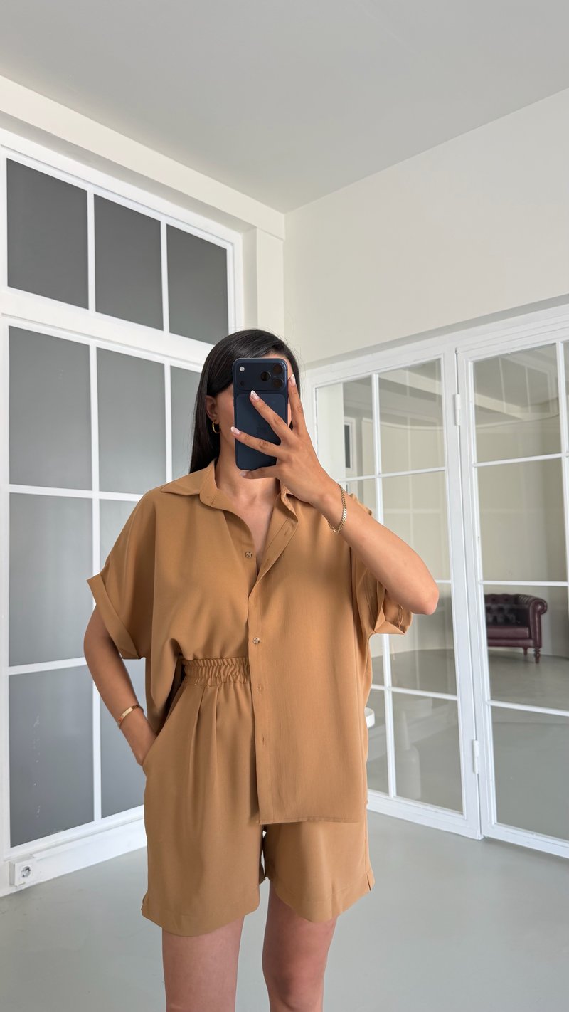 Camel Gömlek Beli Lastikli Şort Basic Takım GAUS-01721