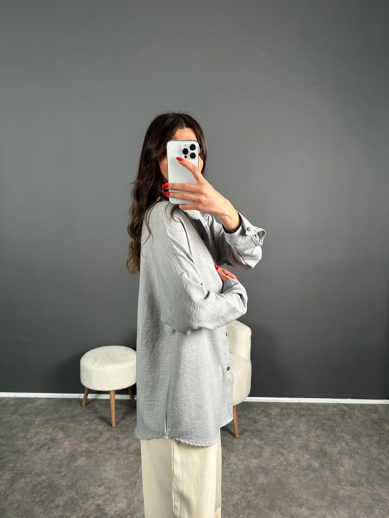 Daria Gri Keten Oversize Gömlek