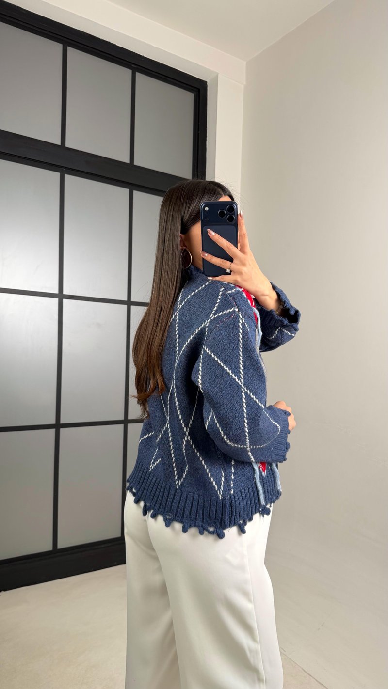 Lacivert Baklava Desenli Saçaklı Hırka GAUS-01125