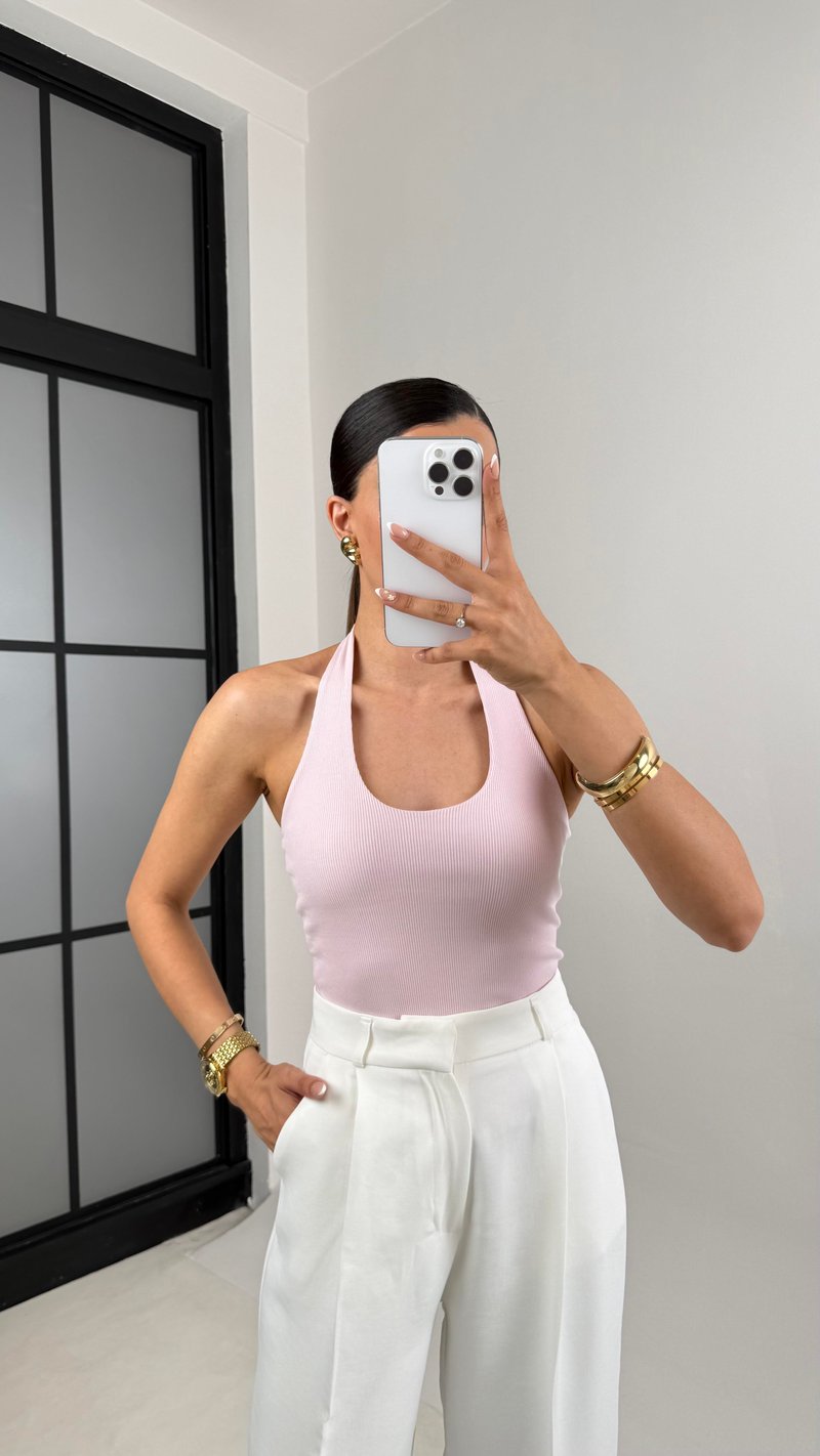 Pembe Boyundan Askılı Triko Crop Gaus00592