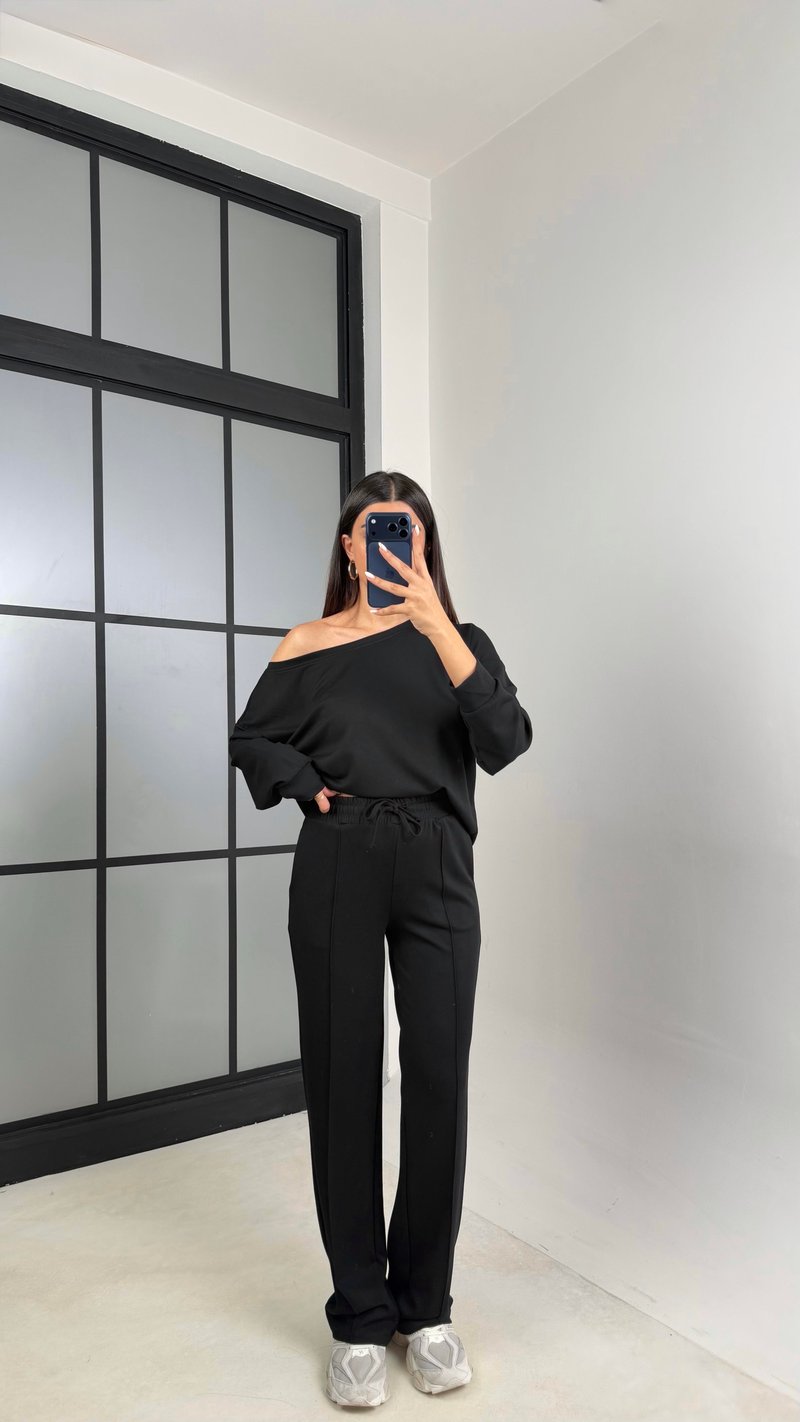Siyah Asimetrik Yaka Beli Lastikli Çımalı Pantolon Modal Kumaş Takım GAUS-00629