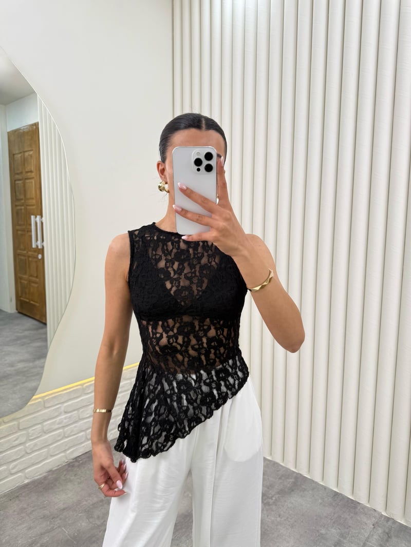 Siyah Sıfır Kol Dantelli Transparan Bluz Gaus00287