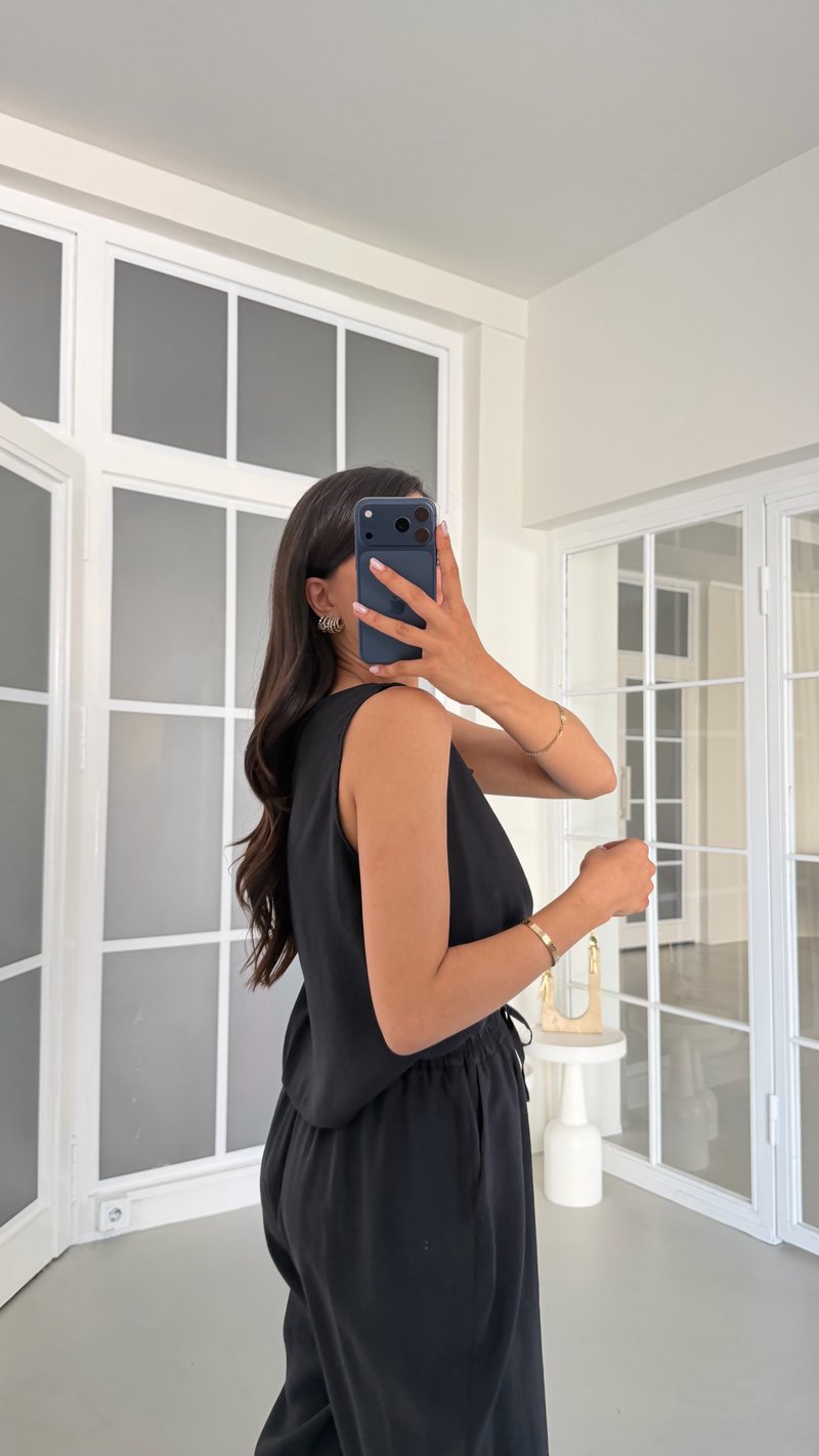 Siyah Bluz Beli Lastikli Pantolon İkili Tencel Takım GAUS-01769