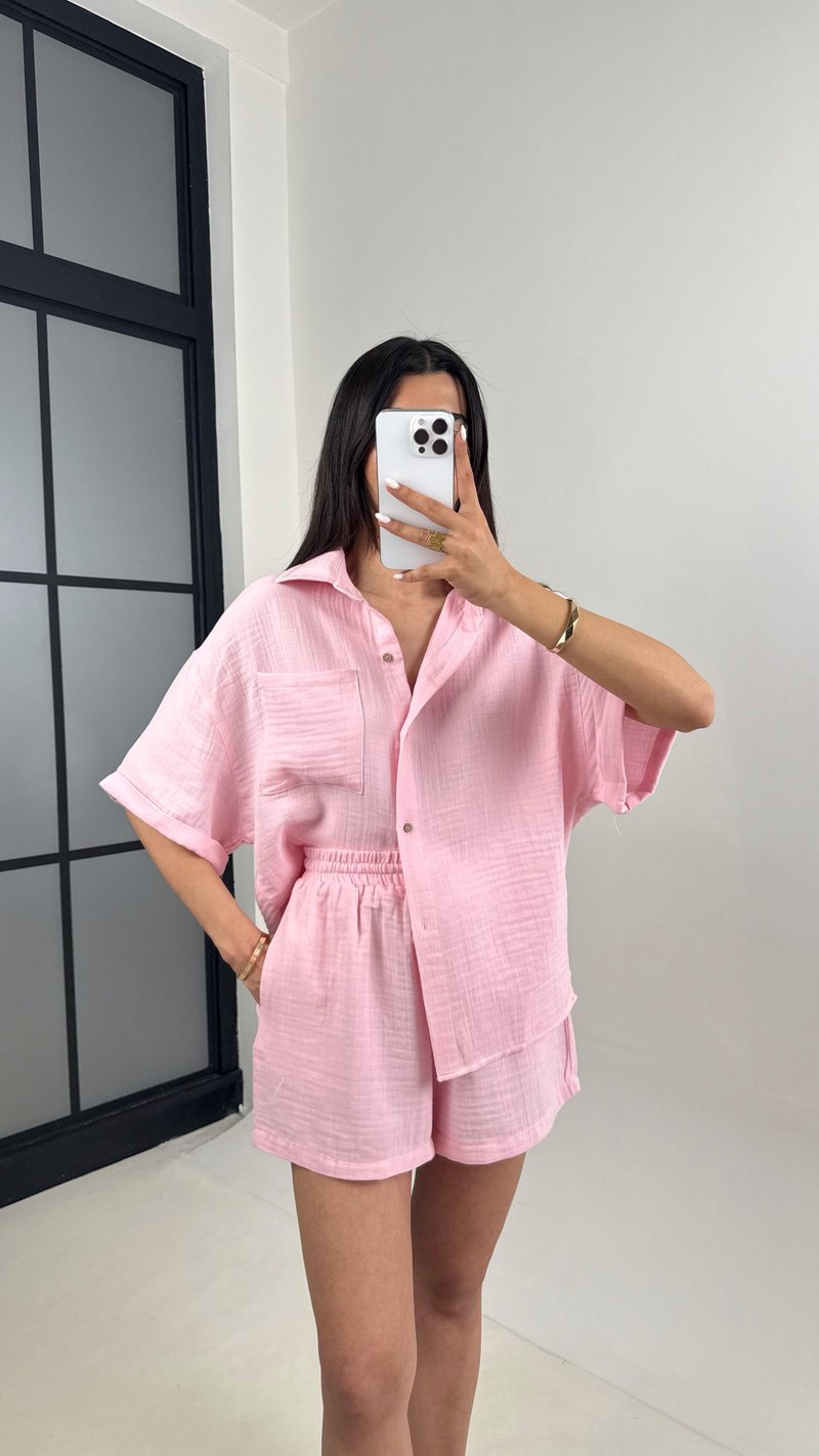 Pembe Cepli Gömlek Beli Lastikli Şort Müslin Takım Gaus00445