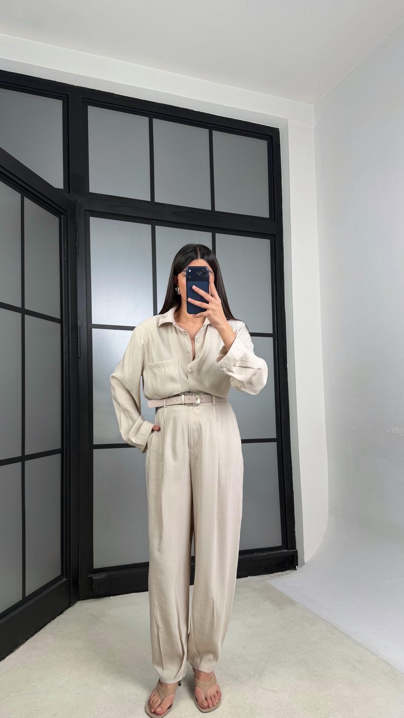 Taş Vatkalı Gömlek Kemerli Pantolon İkili Tencel Takım GAUS-01319