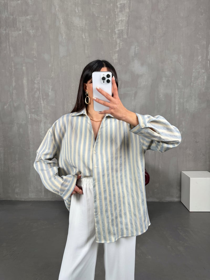 Patis Soft Sarı Çizgili V Yaka Oversize Gömlek