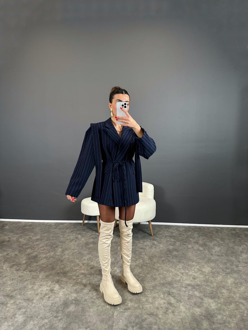 Anis Premium Lacivert Çizgili Bağlamalı Astarlı Blazer Ceket