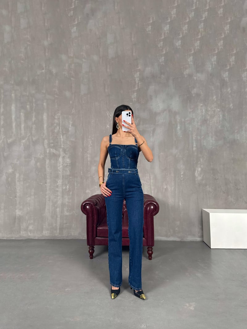 Mavi Kemer Detaylı Ayarlanabilir Askılı Fermuarlı Denim Tulum Gaus00163
