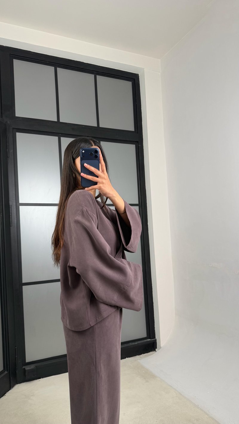 Kahve Zımba Detaylı Kimono Pantolon MD Muadil Tencel Takım GAUS-01451