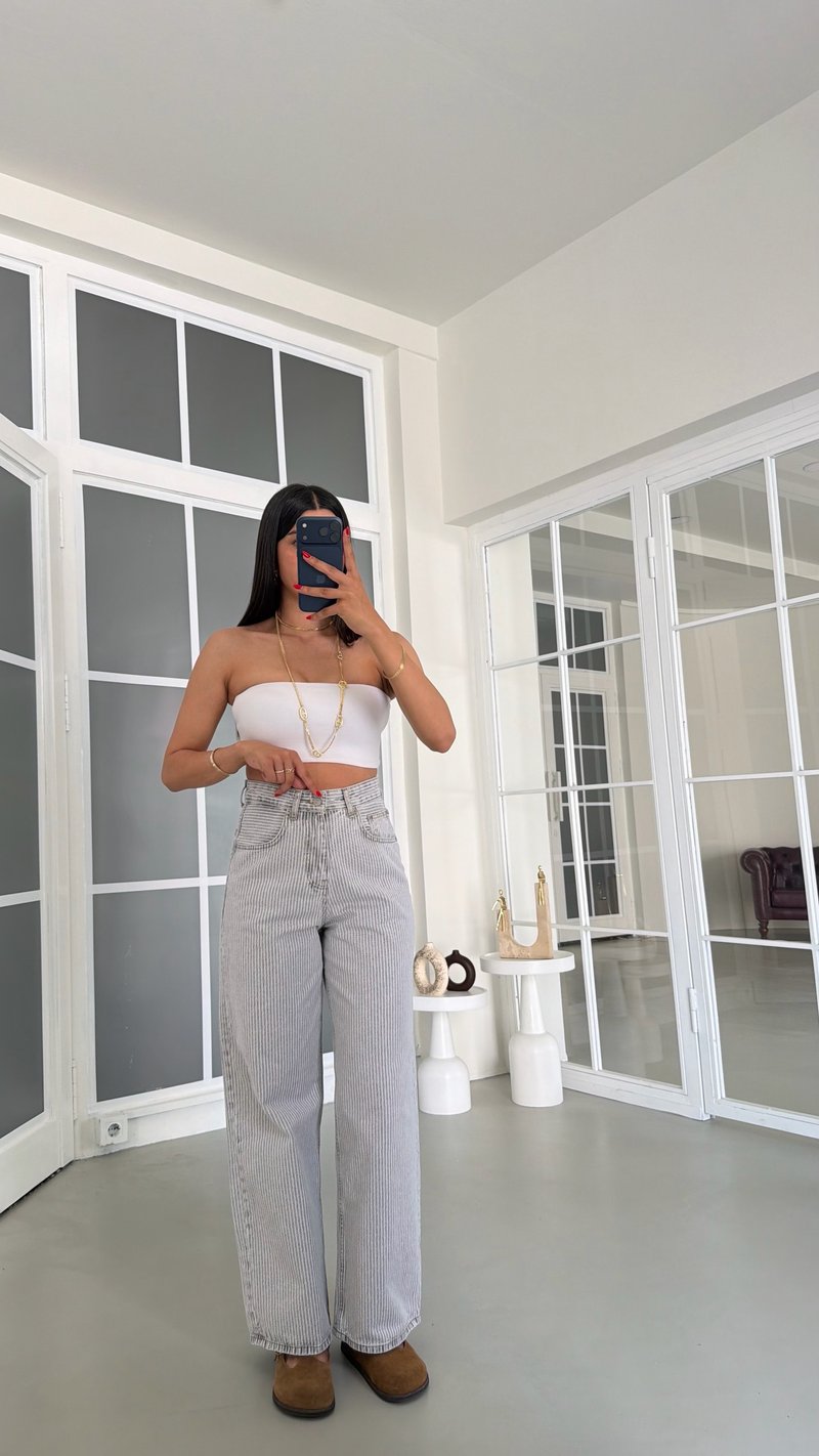 Gri Çizgi Detaylı Gömlek Pantolon İkili Denim Takım GAUS-01882