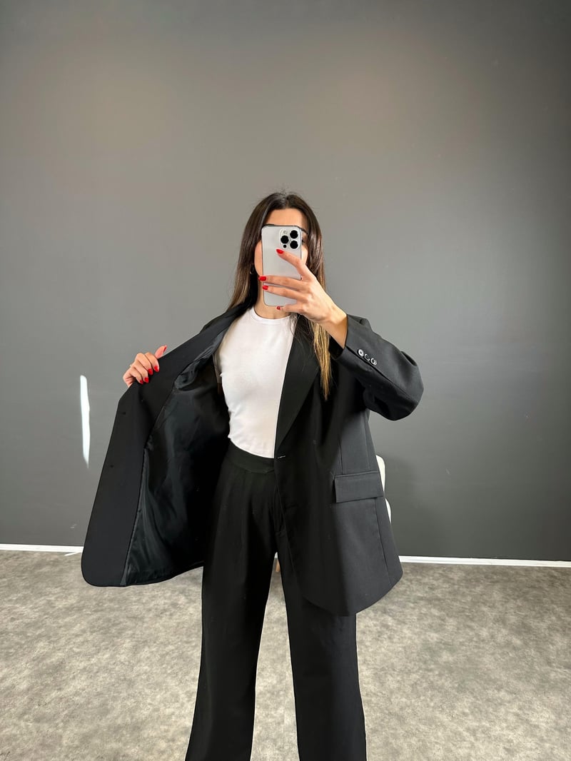 Pascal Siyah Oversize Astarlı Blazer Ceket 