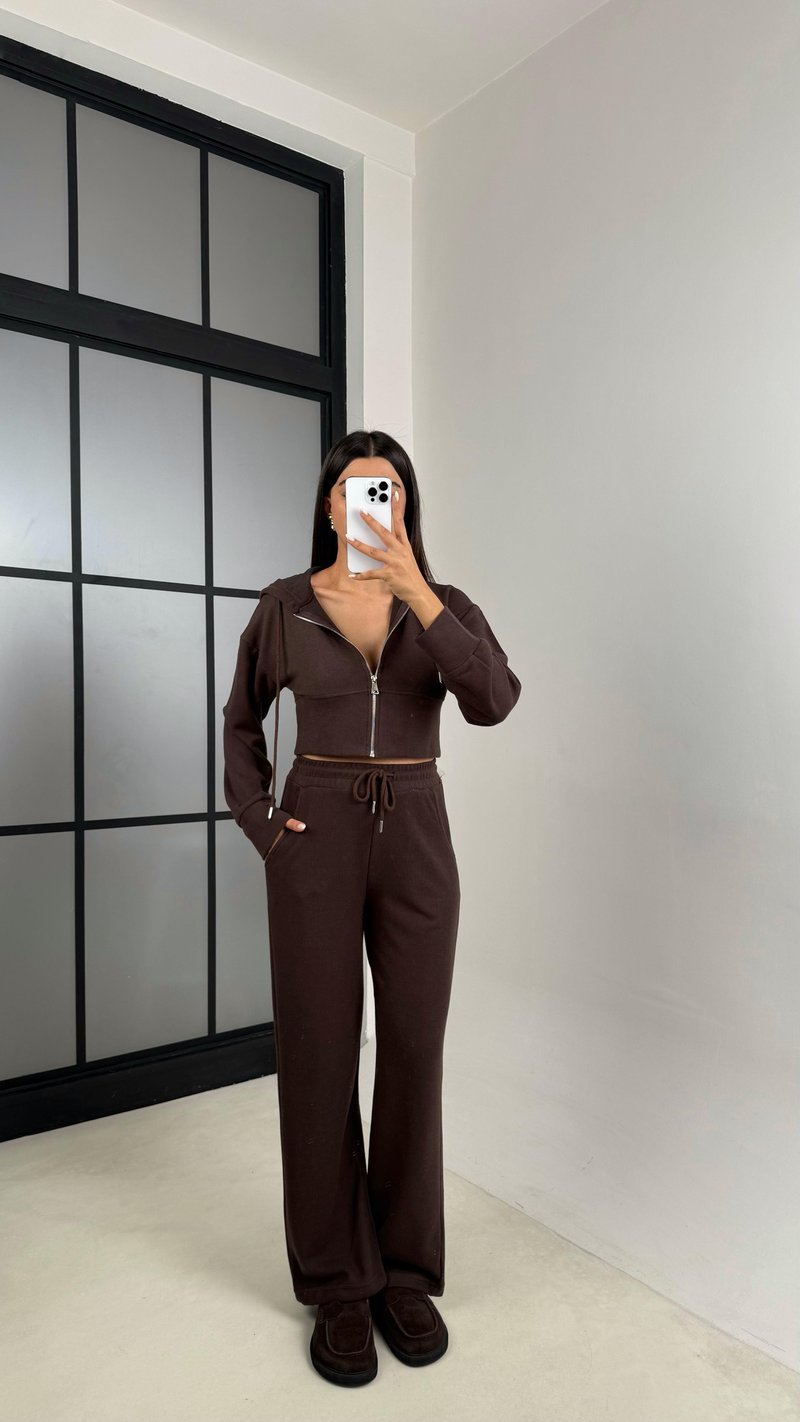 Acı Kahve Hırka Beli Lastikli Pantolon İkili Selanik Kumaş Takım GAUS-00523
