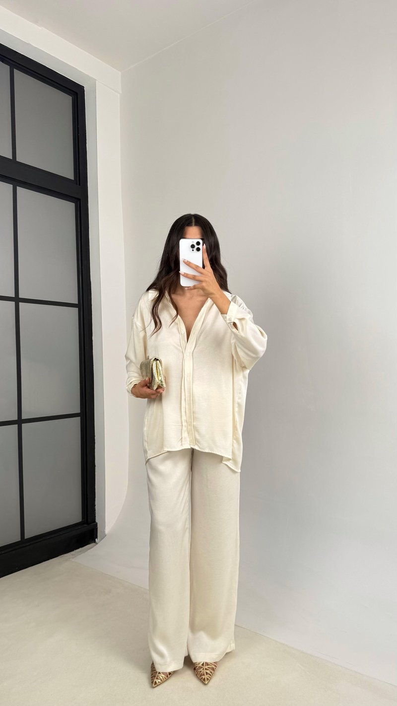 Ekru Gömlek Beli Lastikli Pantolon İkili Premium Saten Takım GAUS-0074