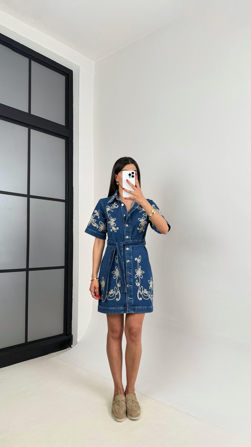 Lacivert Nakışlı Kuşaklı Tasarım Denim Elbise Gaus00470