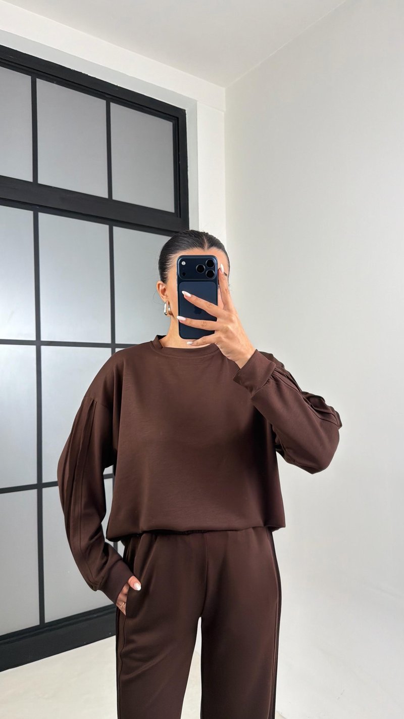 Kahve Bisiklet Yaka Sweatshirt Beli Lastikli Eşofman İkili Modal Takım GAUS-00598