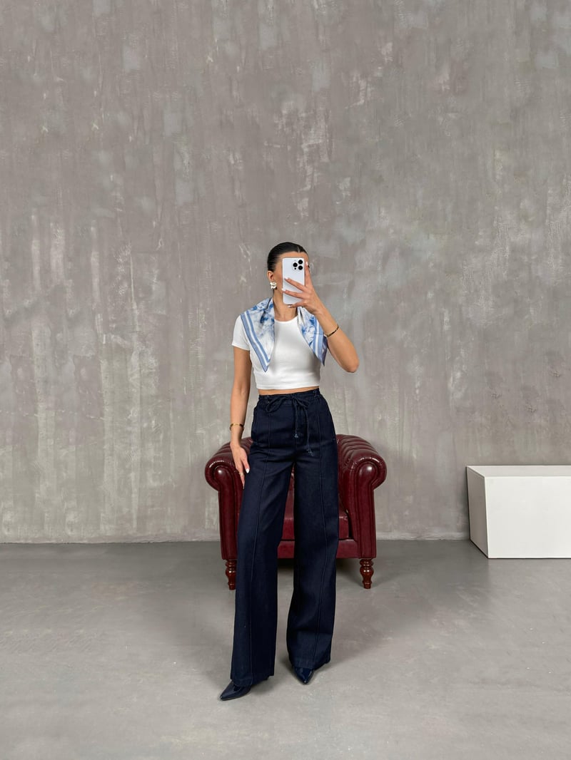 Lacivert Çımalı Beli Lastikli Bağlamalı Denim Pantolon Gaus00033