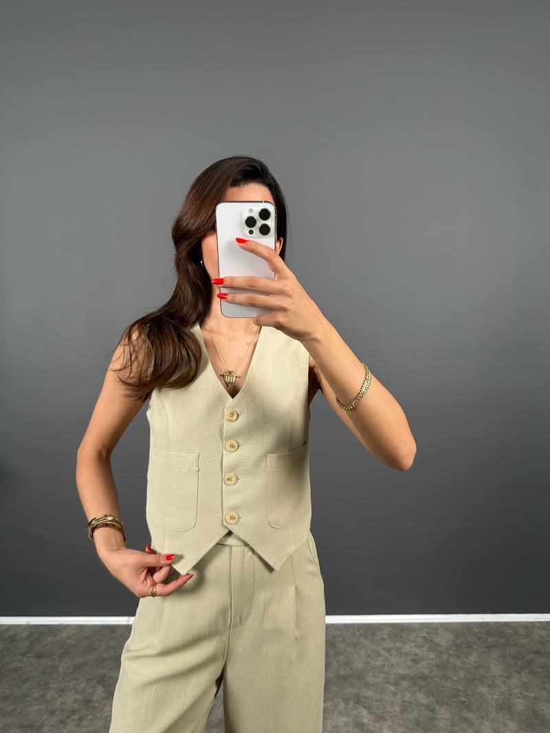 Evia Soft Haki  Premium Keten Yelek Pantolon İkili Takım