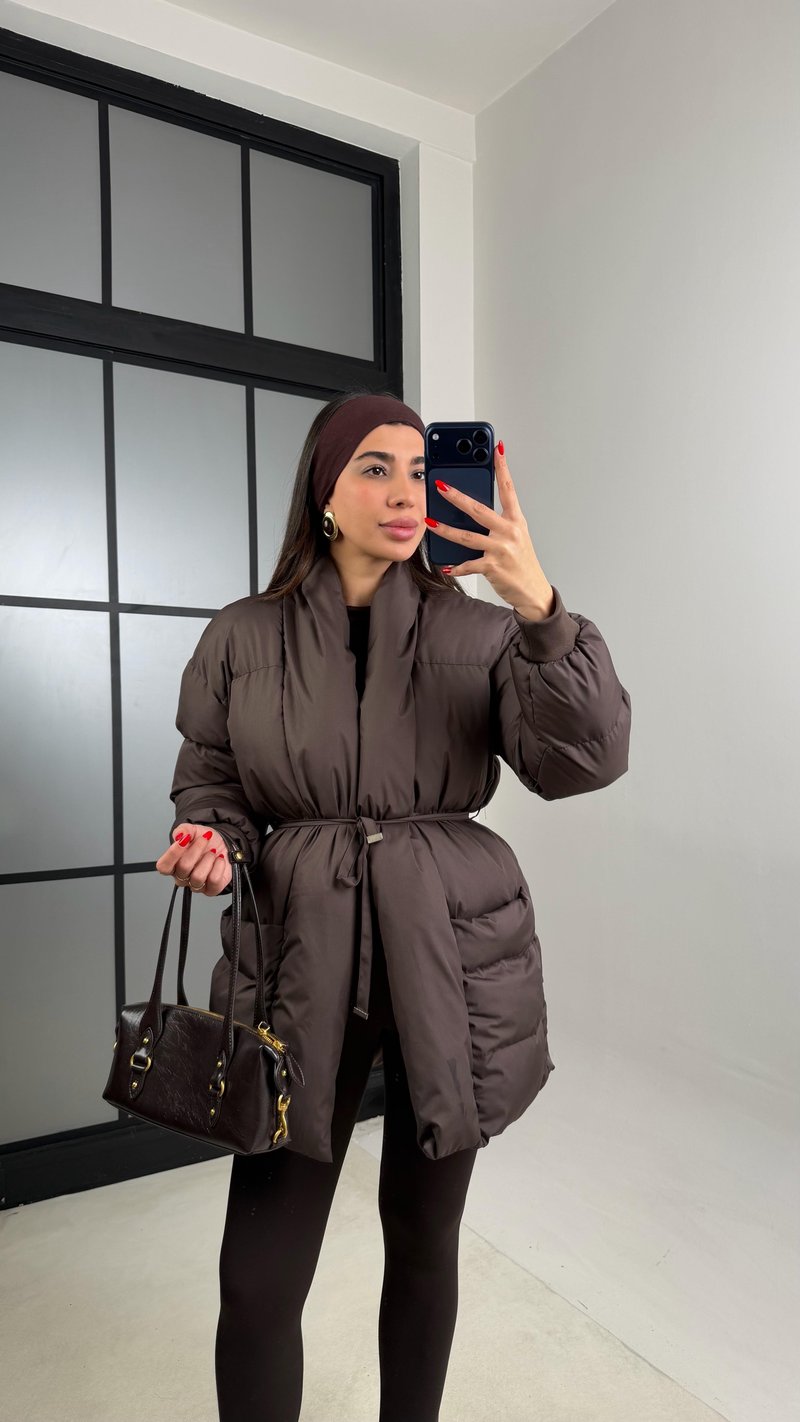 Acı Kahve Astarlı Cep Detaylı Kuşaklı Şişme Mont GAUS-00879