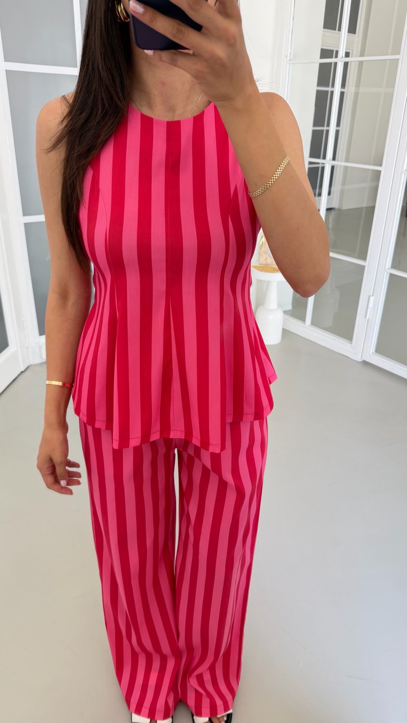 Pembe Kırmızı Çizgili Bluz Beli Lastikli Pantolon Çizgili Premium Takım GAUS-01740