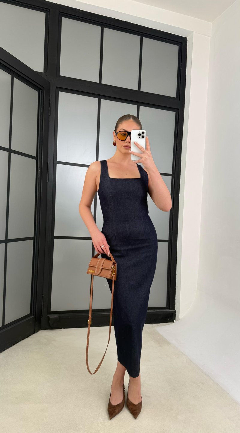 Lacivert Arkadan Yırtmaçlı Fermuarlı Premıum Denim Elbise GAUS-01199