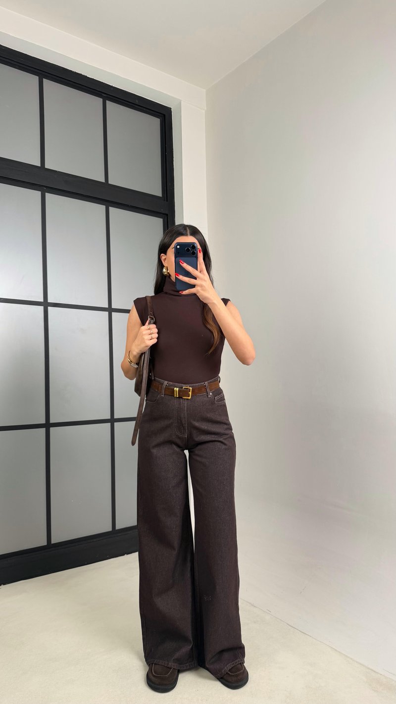 Acı Kahve Yüksek Bel Kemerli Eskitme Jean GAUS-00927