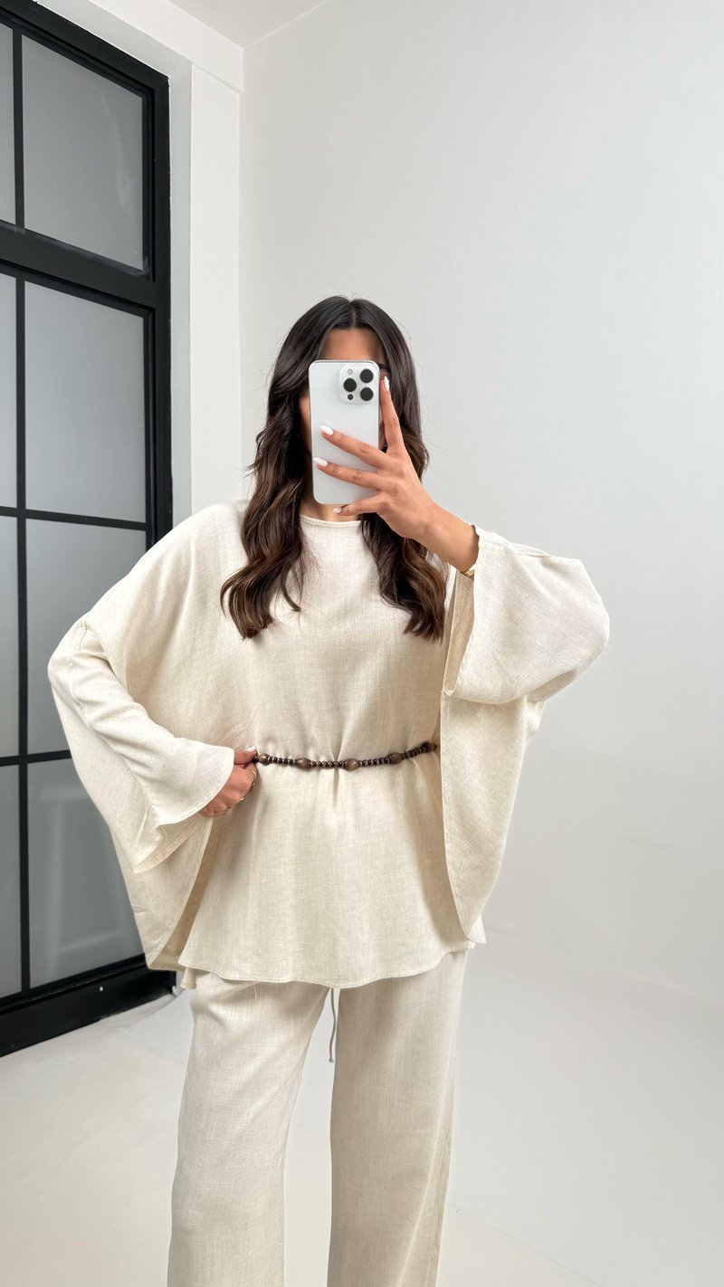 Taş Boncuk Kuşaklı Bağlamalı Panço Üst Pantolon İkili Keten Takım Gaus00338