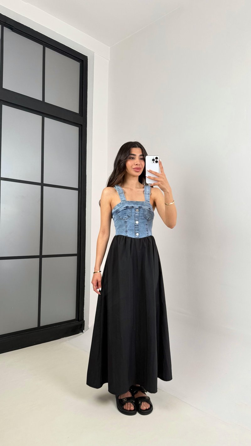 Siyah Ayarlanabilir Askılı Denim Üst Bloklu Elbise Gaus00424