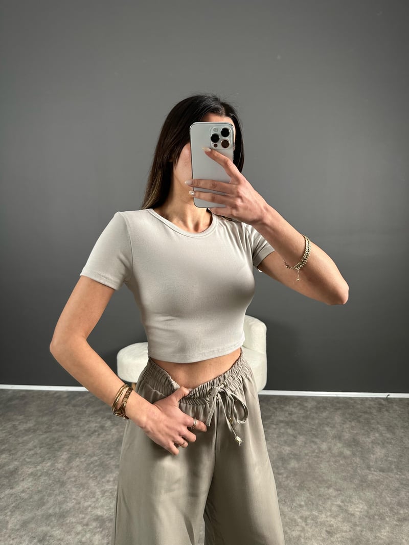 Ales Açık Gri Crop Basic Tshirt