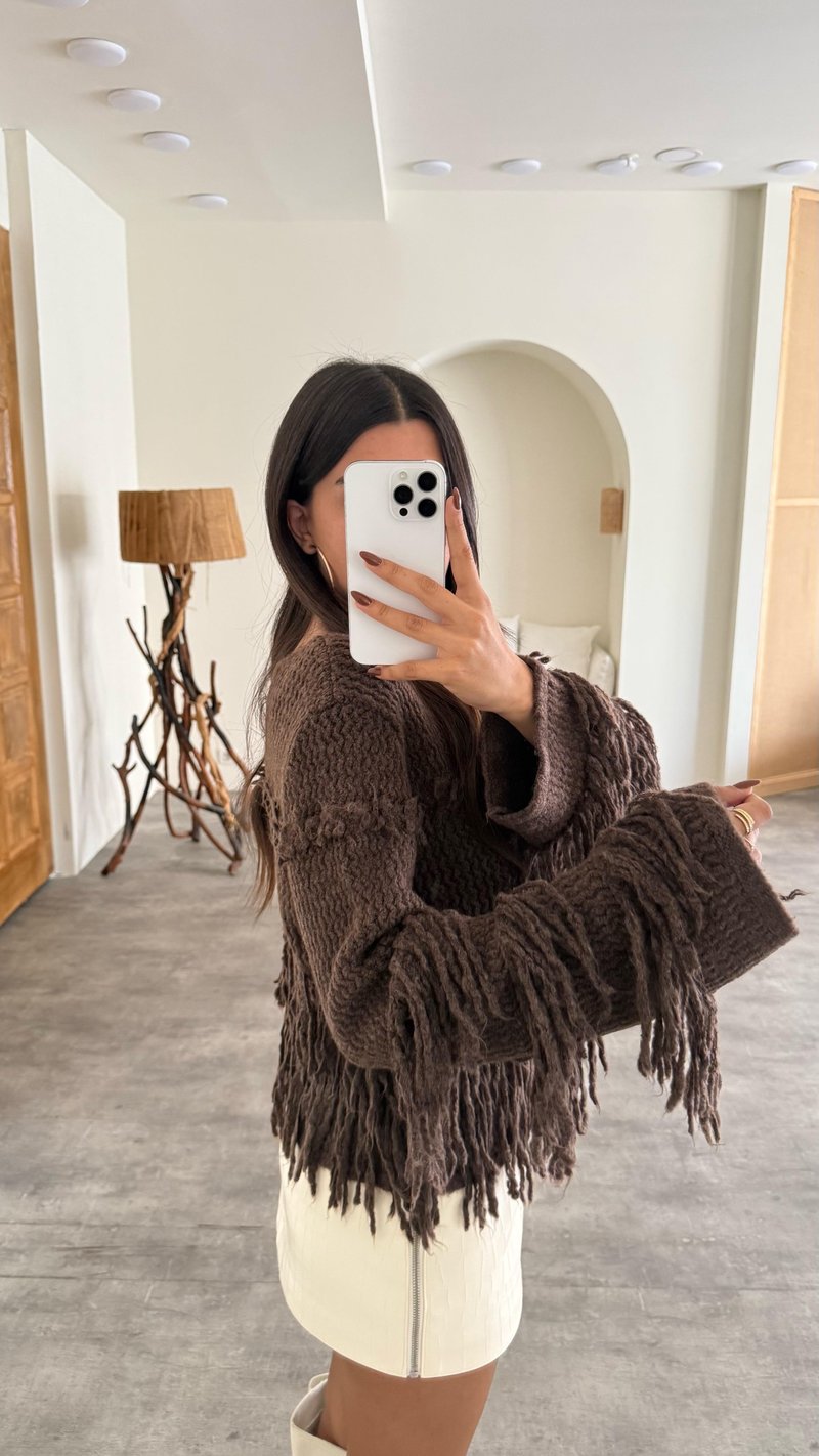 Kahve Saçaklı Örme Triko Kazak GAUS-00134
