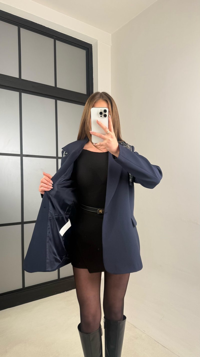 Lacivert Astarlı Vatkalı Fular Detaylı Blazer Ceket GAUS-00976