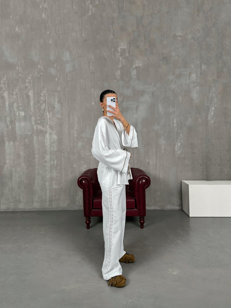 Beyaz Bağlamalı Keten Kimono Takım Gaus00034