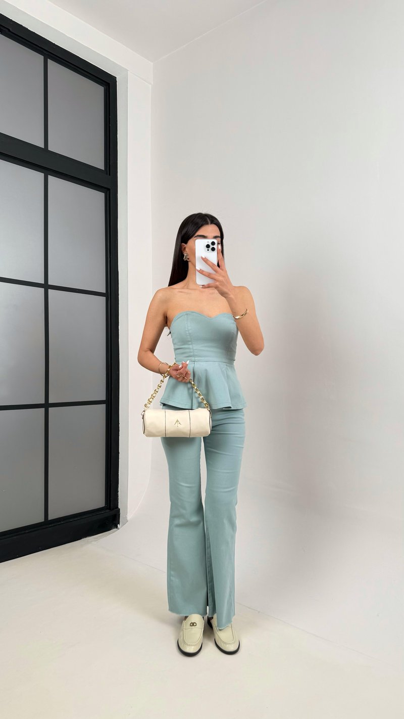 Su Yeşili Flare Jean Straplez Crop Volanlı Tasarım Takım Gaus00400