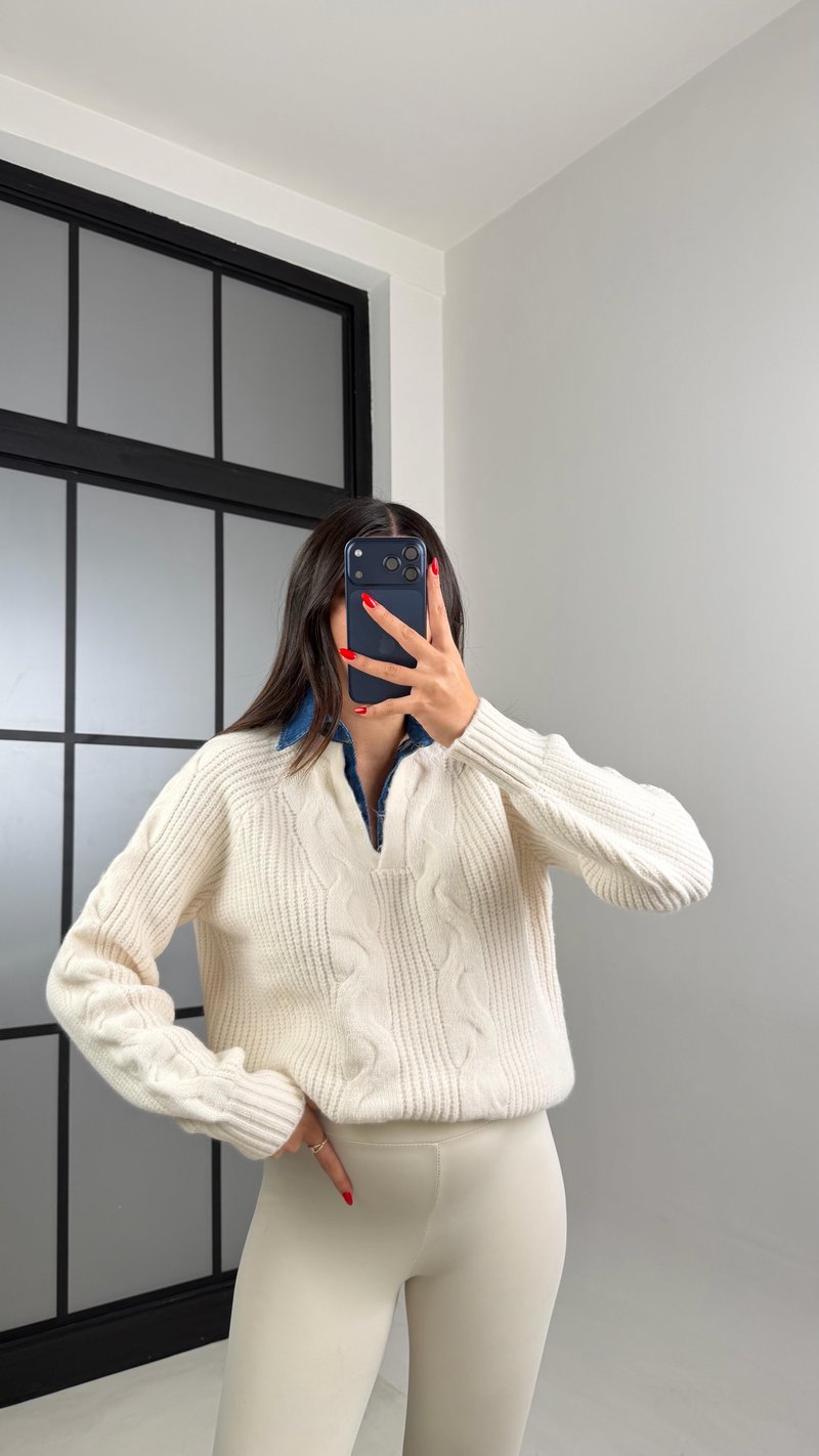 Krem Denim Yaka Detaylı Örgü Kazak GAUS-00929