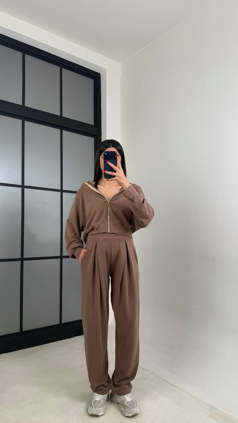 Kahve Hırka Beli Lastikli Pantolon OYS Model Premium Modal Takım GAUS-01023